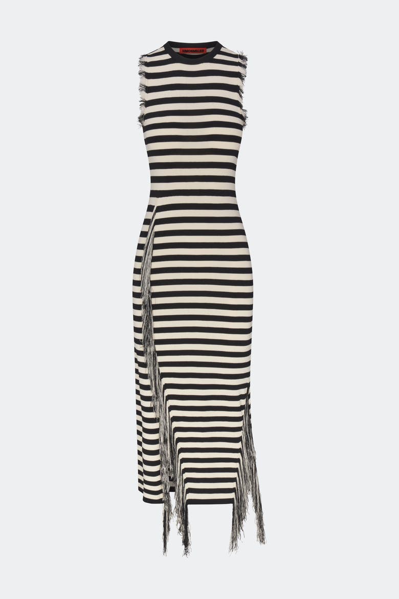 Sabine Fringe Knit Dress, Main, color, Black/White Stripe