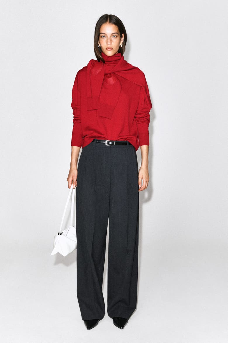 Leather-Patch Merino Wool Mock-Neck Sweater, Alternate, color, RED