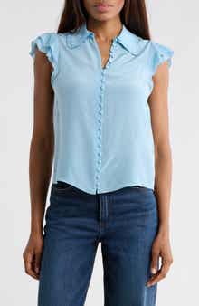Alice + Olivia Martel Flutter Sleeve Silk Button-Up Top