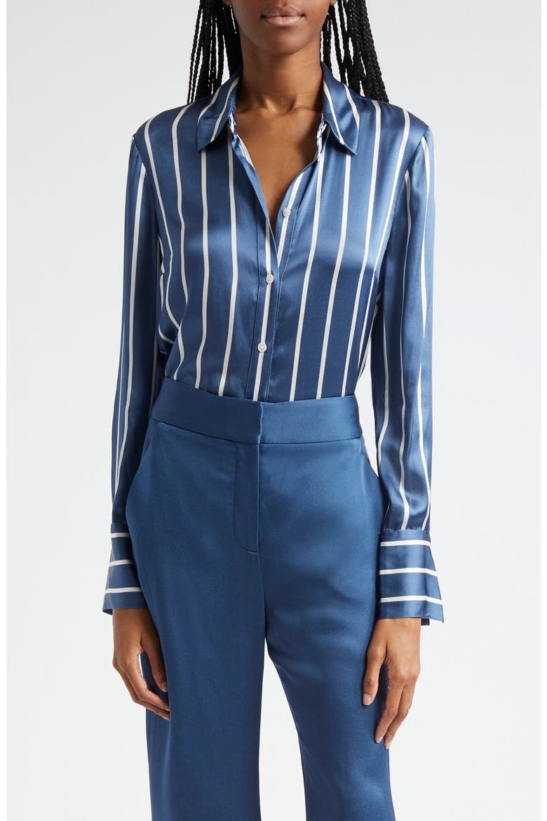 Monique Stripe Silk Blend Button-Up Shirt, Main, color, BLUE STONE OFF-WHITE