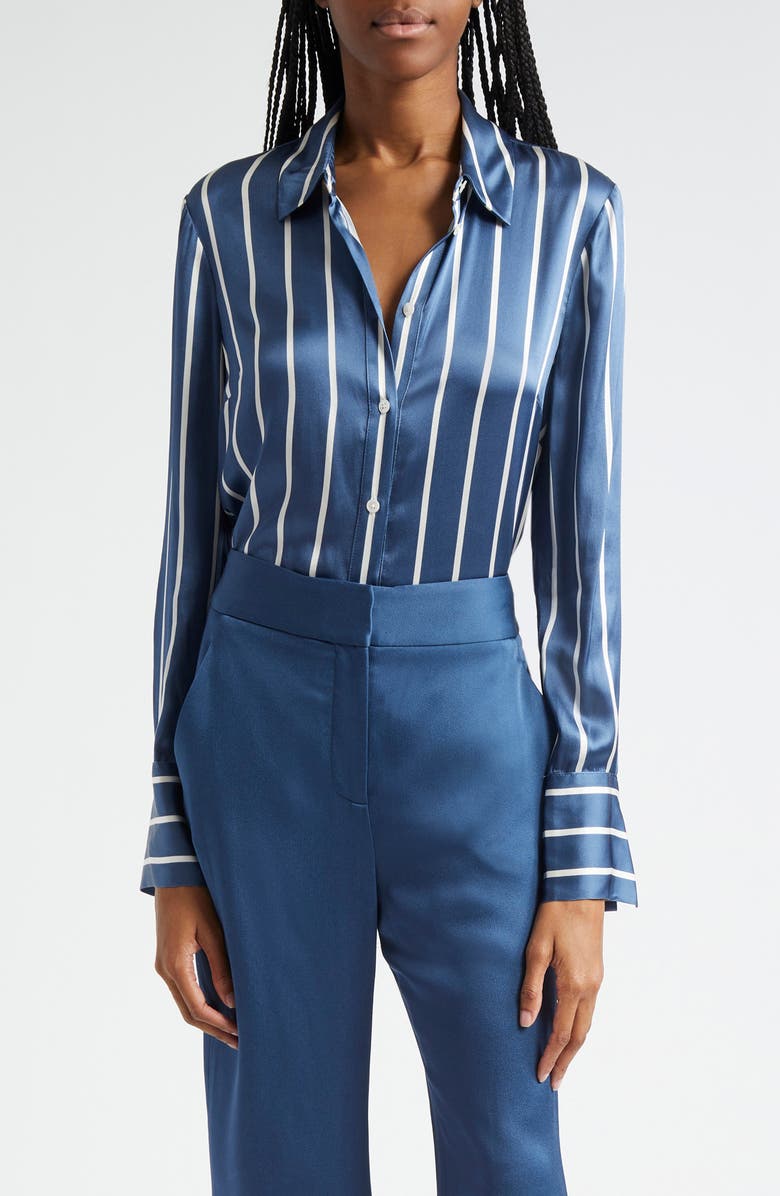 Veronica Beard Monique Stripe Silk Blend Button-Up Shirt, Main, color, 