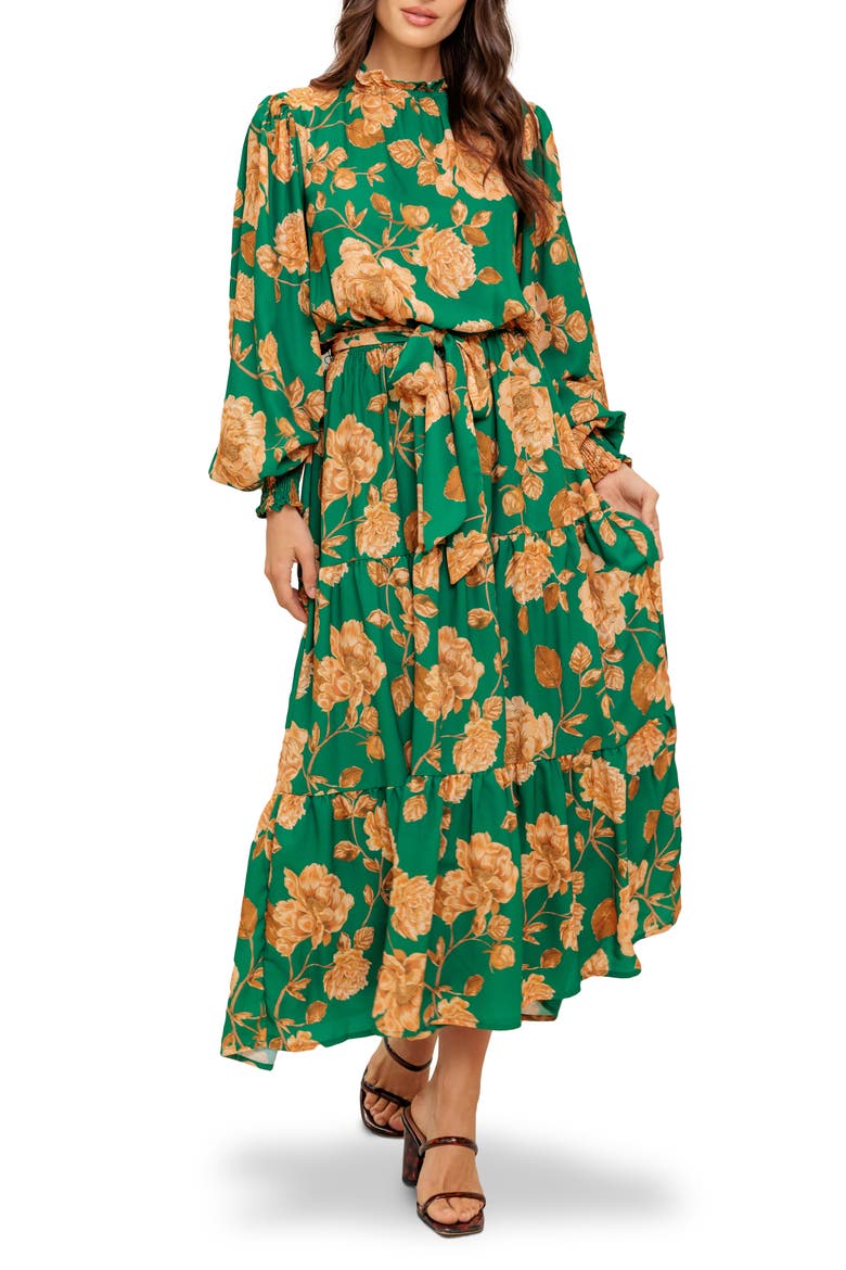Long Sleeve Print Midi Dress, Main, color, GREEN