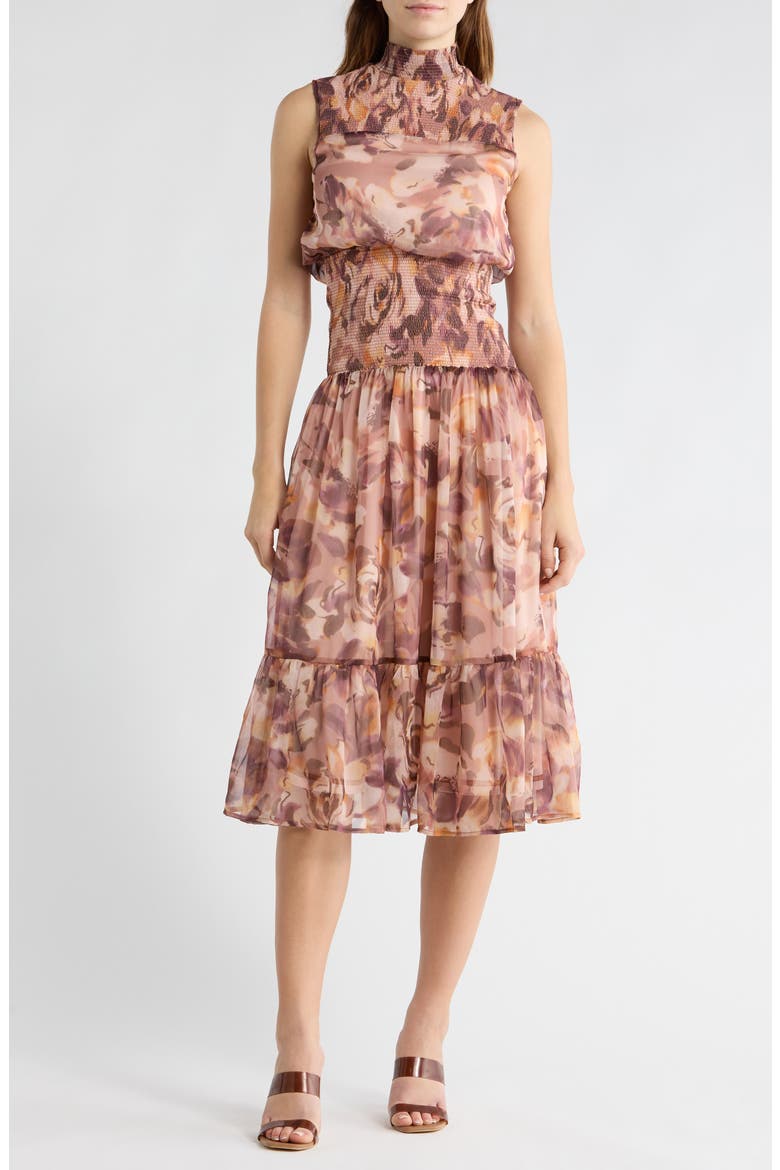Mock Neck Sleeveless Fit & Flare Midi Dress, Main, color, BLUSH FLORAL