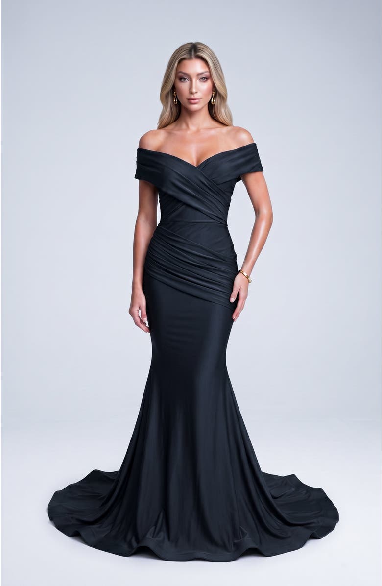 Jessica Angel Off The Shoulder Ruched Mermaid Evening Gown, Alternate, color, Black
