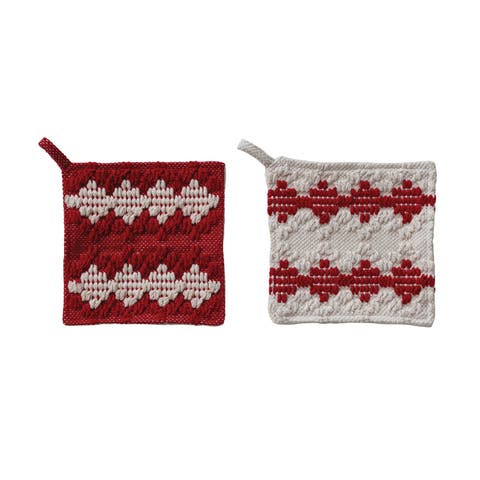 Woven Cotton Diamond Pot Holder, Red & White, Set of 2