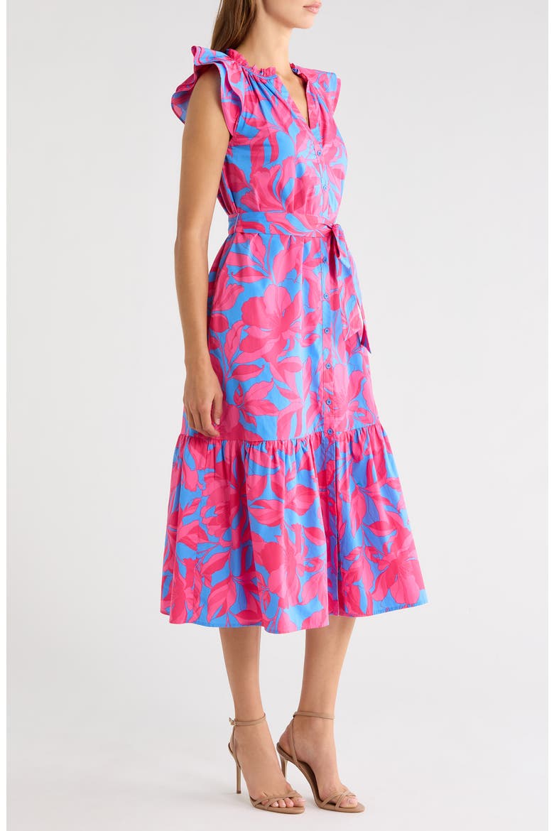 Floral Print Tie Waist Midi Dress, Alternate, color, PINK-BLUE