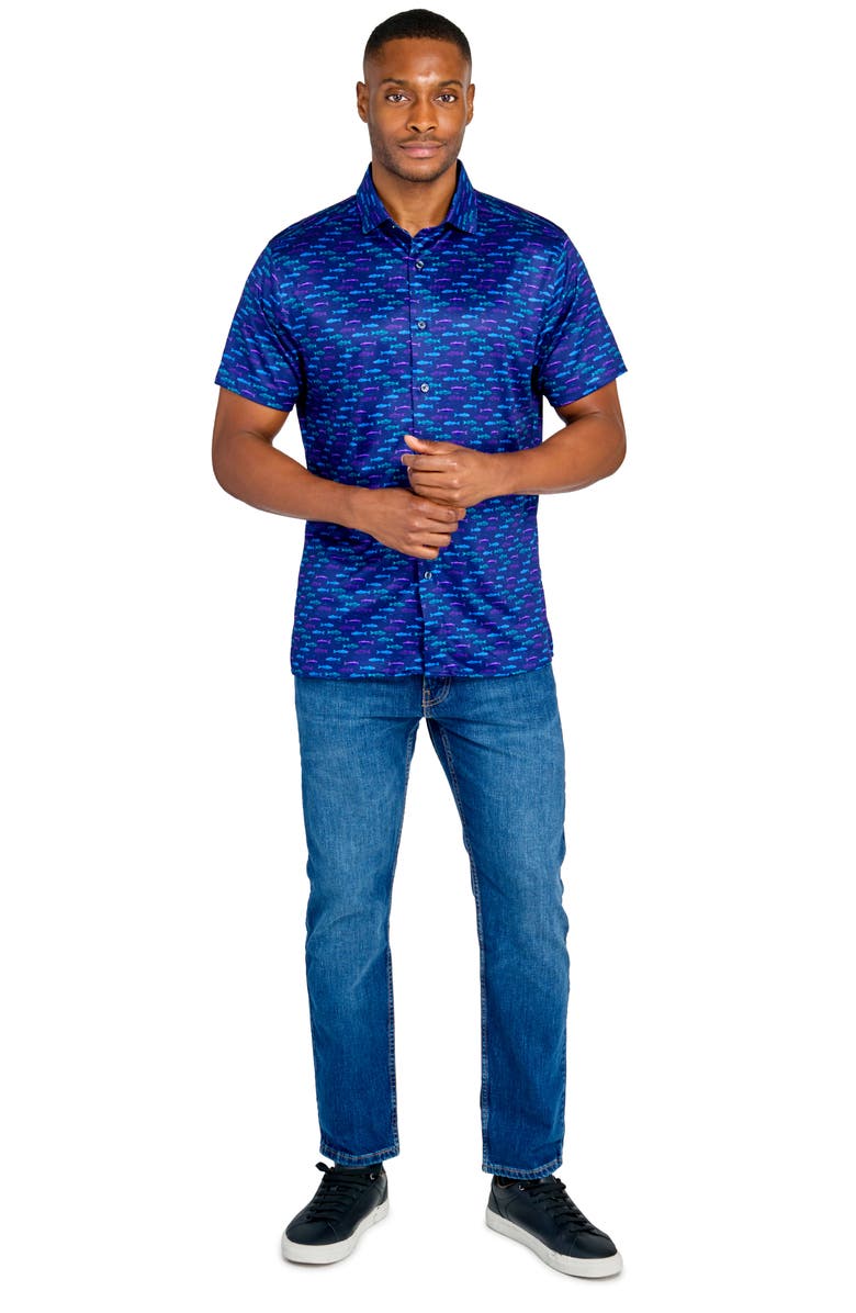 CONSTRUCT Slim Fit Neon Fish 4-Way Stretch Short Sleeve Button-Up Shirt, Alternate, color, Navy
