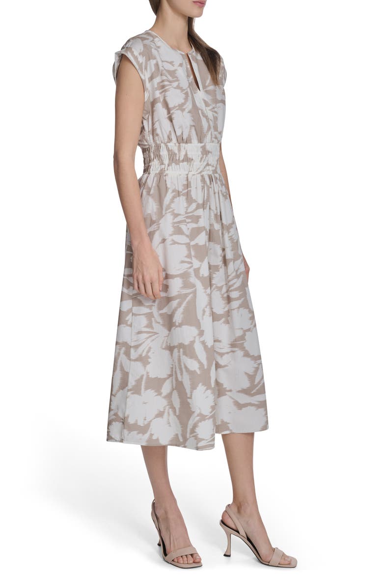 Smocked Fit and Flare Midi Dress, Alternate, color, KHAKI/ CREAM