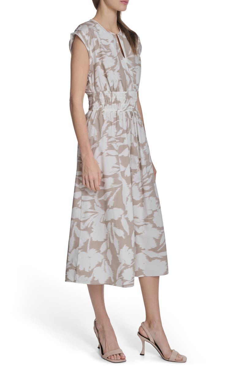 Calvin Klein Smocked Fit and Flare Midi Dress, Alternate, color, Khaki/ Cream