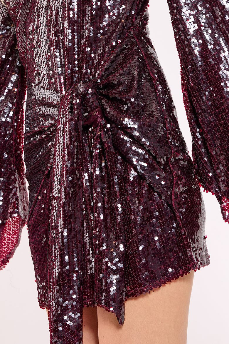 Flared Sleeve Tie Front Mini Dress, Alternate, color, Burgundy