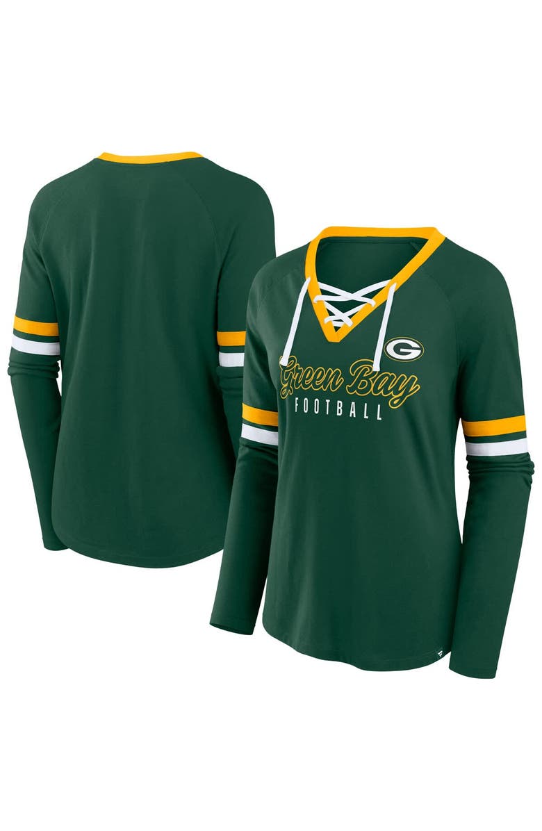 FANATICS Women's Fanatics Green Green Bay Packers Plus Size Won & Done Lace-Up V-Neck Long Sleeve T-Shirt, Alternate, color, 