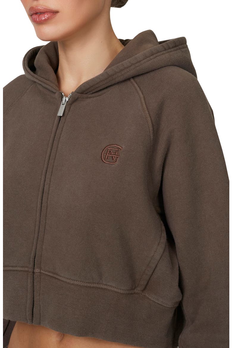 Ribbed Emblem Crop Zip Hoodie, Alternate, color, Brown