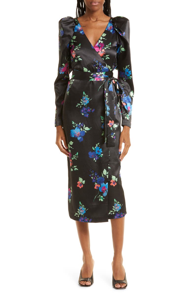 ROTATE Floral Long Sleeve Satin Midi Dress, Alternate, color, 