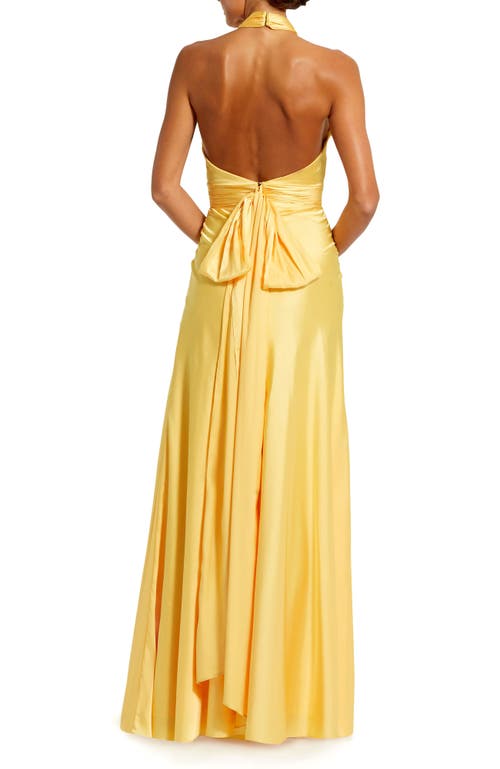 Mac Duggal Ruched Halter Neck Tie Back Satin Gown In Lemon