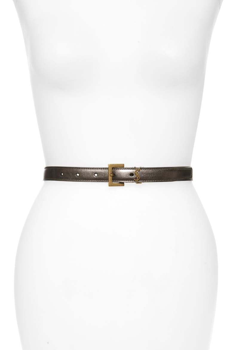 YSL Logo Metallic Leather Belt, Main, color, BRUN METALLISE