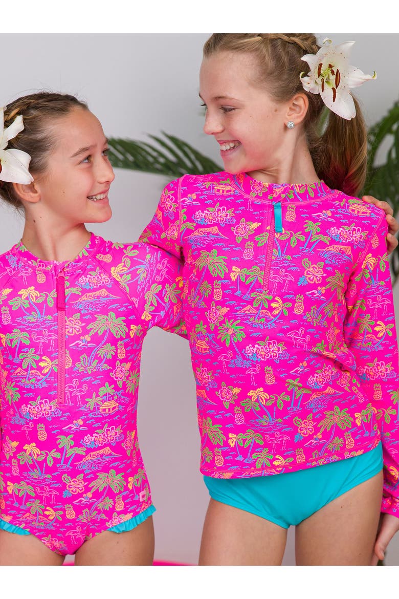 Long Sleeve Zipper Rash Guard 2-piece Bikini Swimsuit, Alternate, color, Neon Island Time