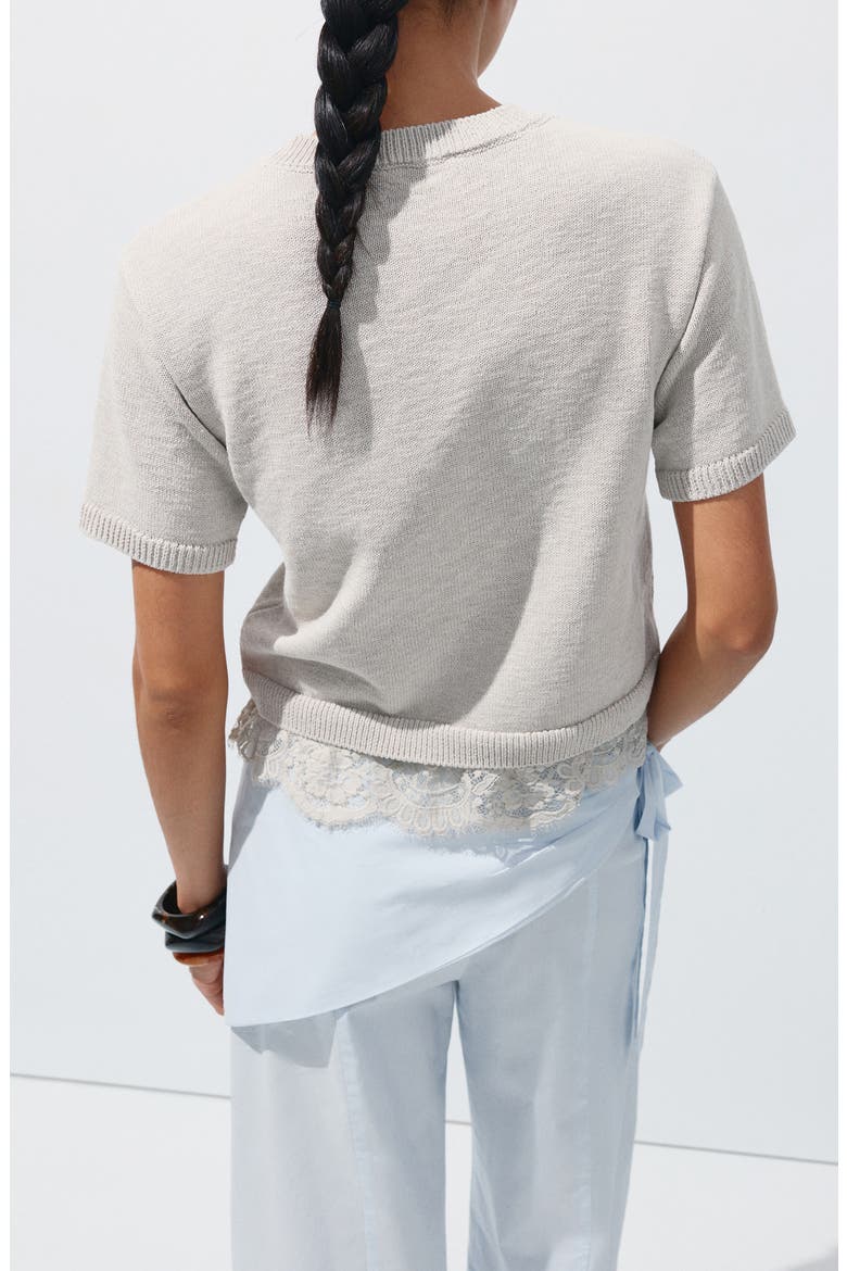 Lace Trim Short Sleeve Sweater, Alternate, color, LIGHT/ PASTEL GREY