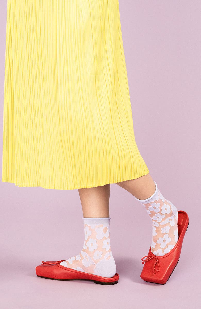 Hansel From Basel Poppy Flower Sheer Crew Socks, Alternate, color, Grey