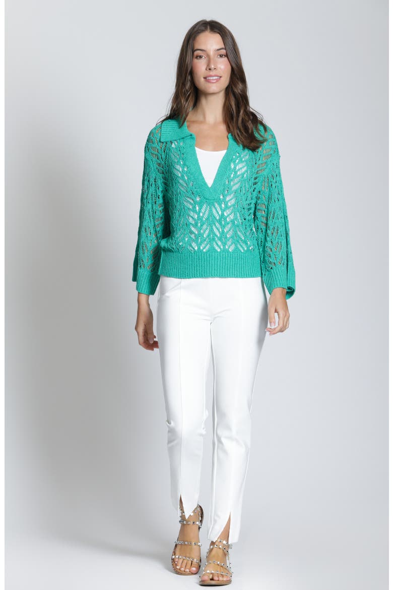 Leafy Open Knit Polo Sweater, Alternate, color, EMERALD