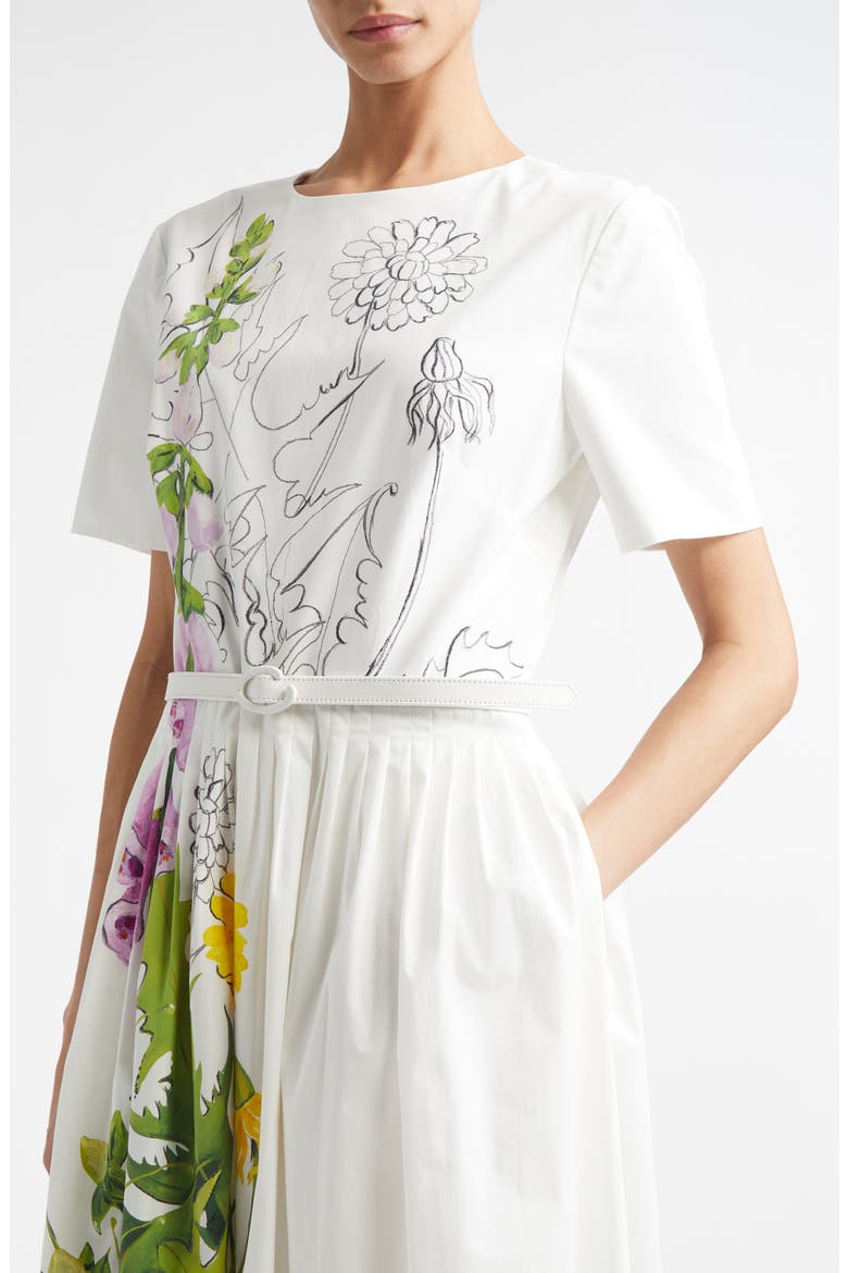 Foxglove & Dandelion Sketch Belted Stretch Cotton Poplin Midi Dress, Alternate, color, WHITE MULTI