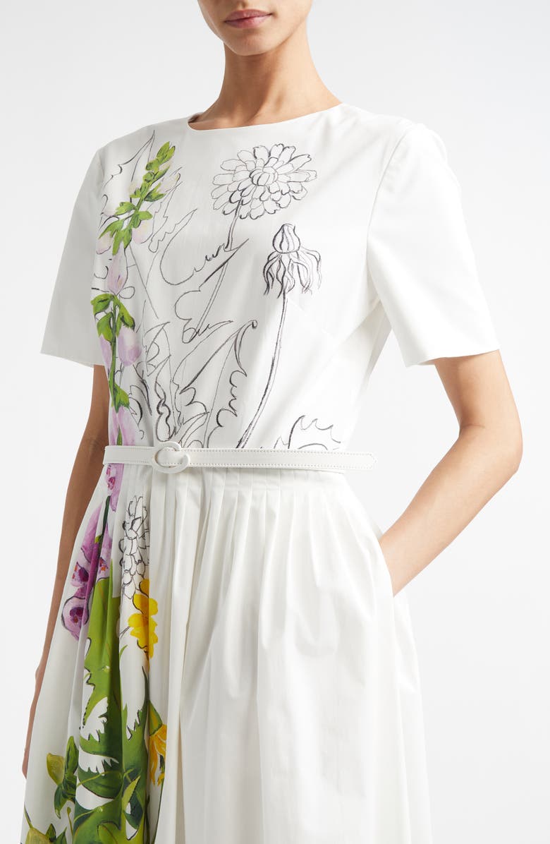 Oscar de la Renta Foxglove & Dandelion Sketch Belted Stretch Cotton Poplin Midi Dress, Alternate, color, White Multi
