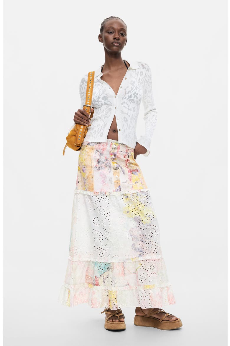 Floral Eyelet Embroidered Tiered Midi Skirt, Alternate, color, OFF WHITE