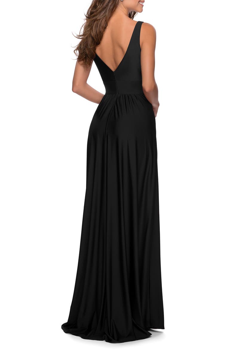 La Femme Empire Waist Gown with Deep V Neckline, Alternate, color, Black