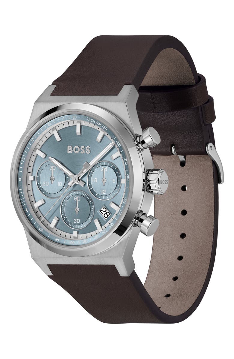BOSS Candor Chronograph Leather Strap Watch, 41mm, Alternate, color, Ice Blue