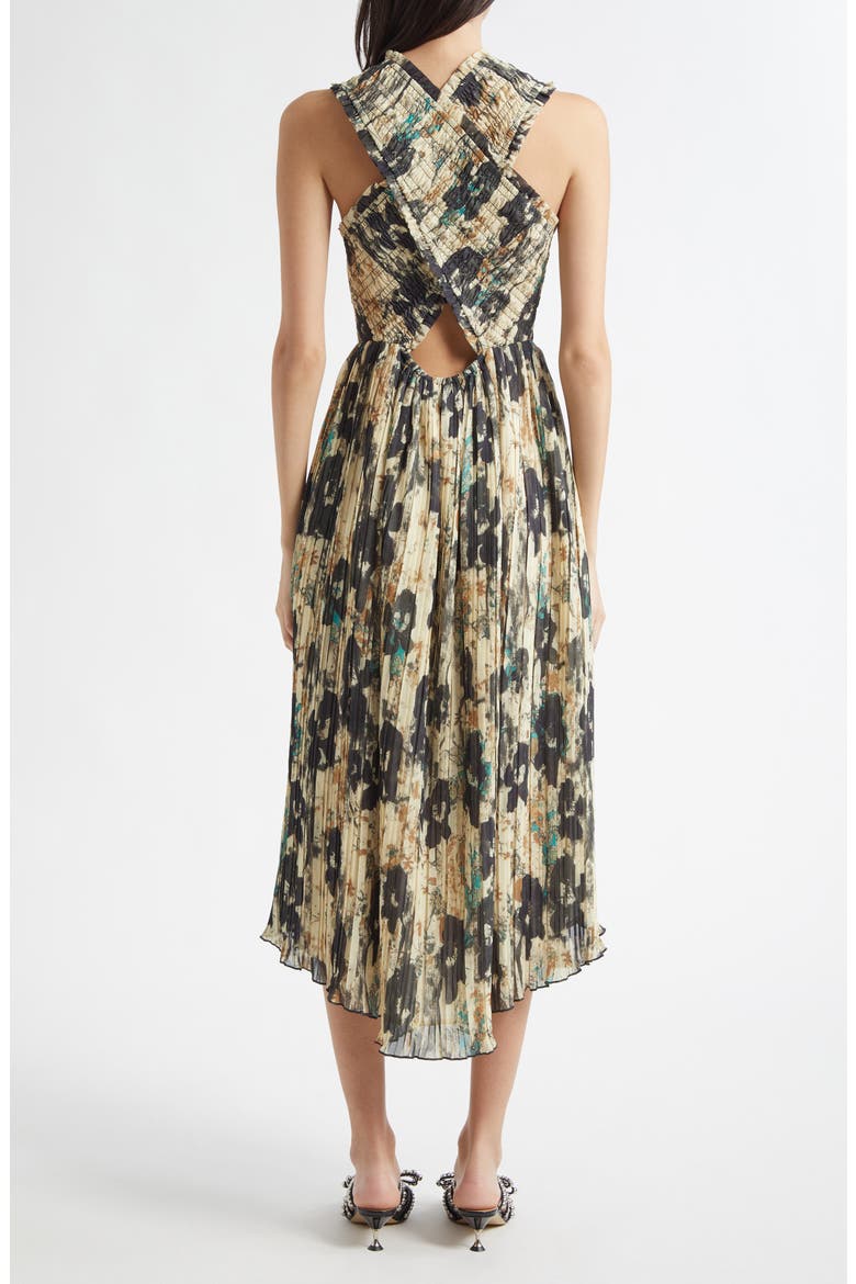 Floral Print Smocked & Pleated Midi Dress, Alternate, color, AFTERGLOW