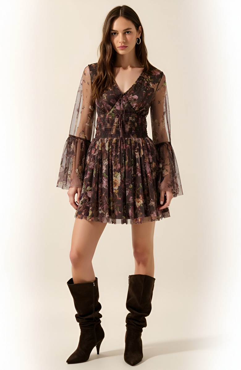 Modenaire Floral Long Sleeve Mini Dress with Smocked Waist and Flared Skirt, Alternate, color, Brown Floral