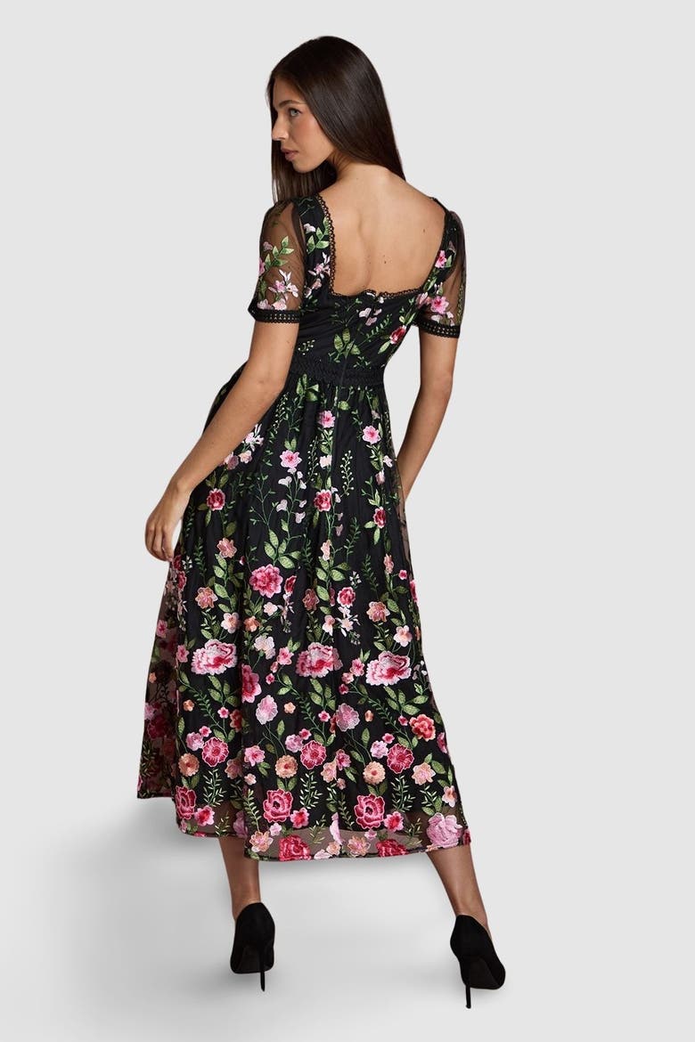 Lace Trim Embroidered Mesh Midi Dress, Alternate, color, Black