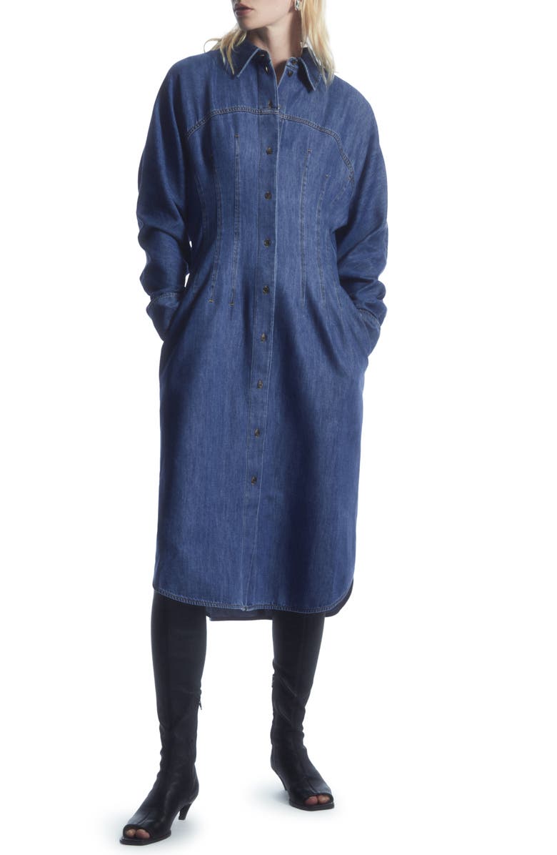 COS Long Sleeve Organic Cotton Blend Denim Shirtdress, Main, color,