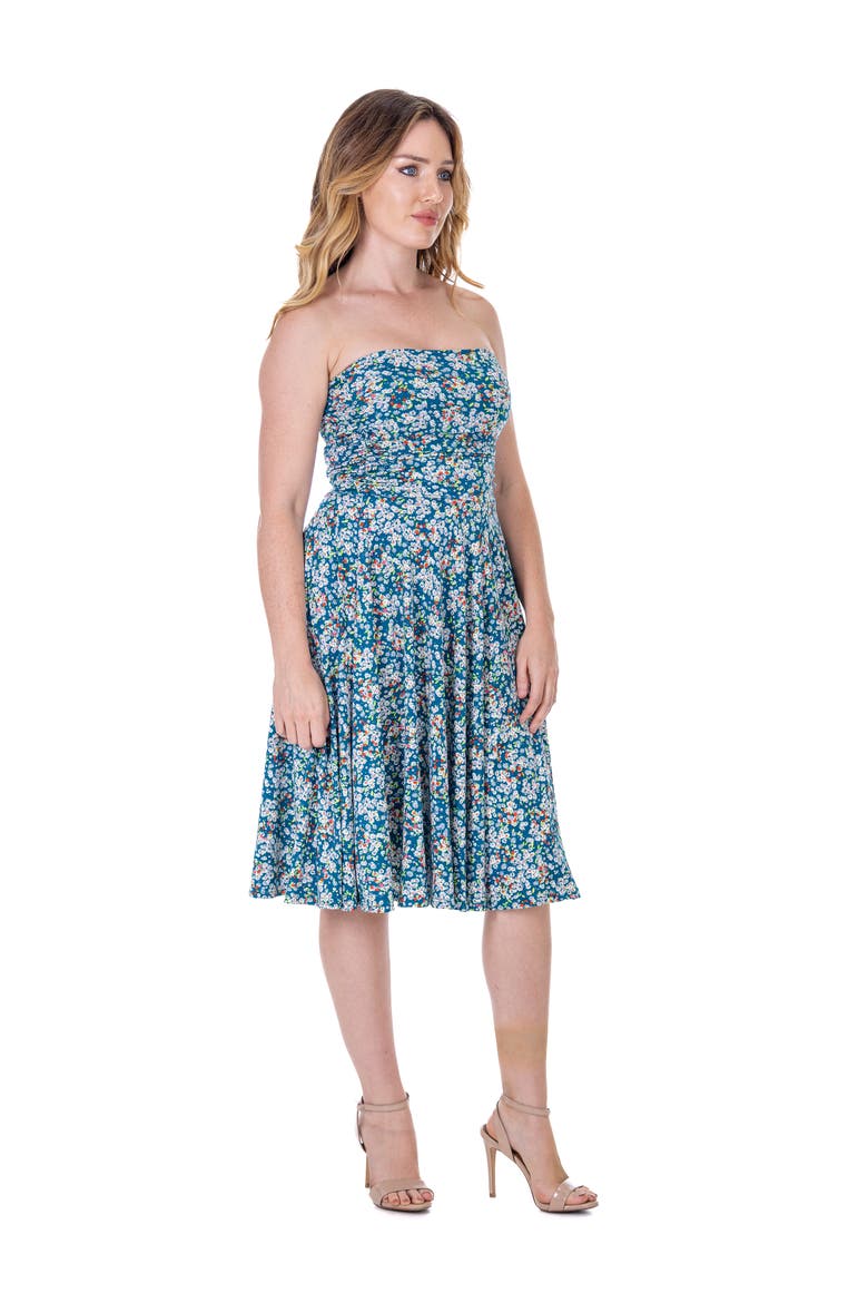 Petites Teal Floral Strapless Tube Top Flowy Knee Length Dress, Alternate, color, Blue Multi
