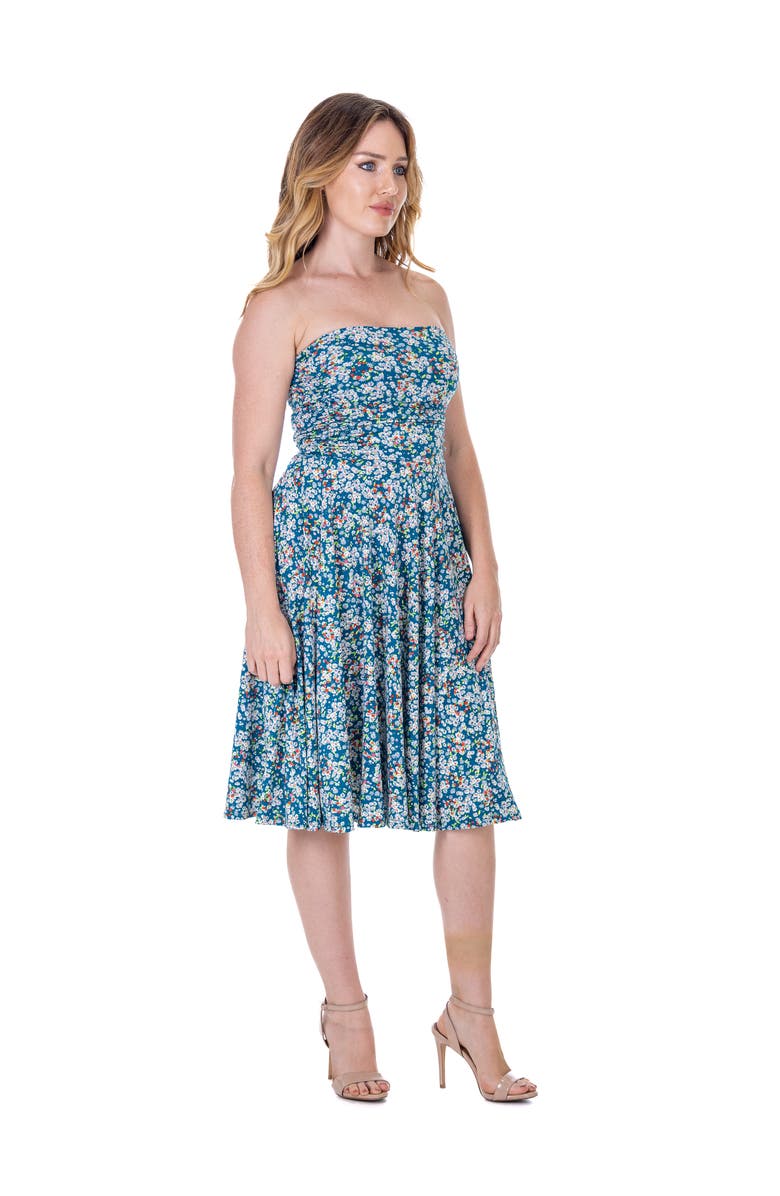 24seven Comfort Apparel Petites Teal Floral Strapless Tube Top Flowy Knee Length Dress, Alternate, color, 