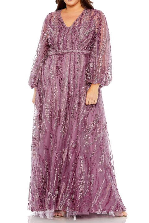 V-Neck Puff Sleeve Embroidered A Line Gown