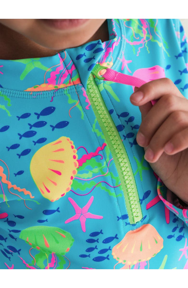 RuffleButts Toddler Girls UPF50+ Long Sleeve Zipper Rash Guard 2-Piece, Alternate, color, Neon Jelly Time