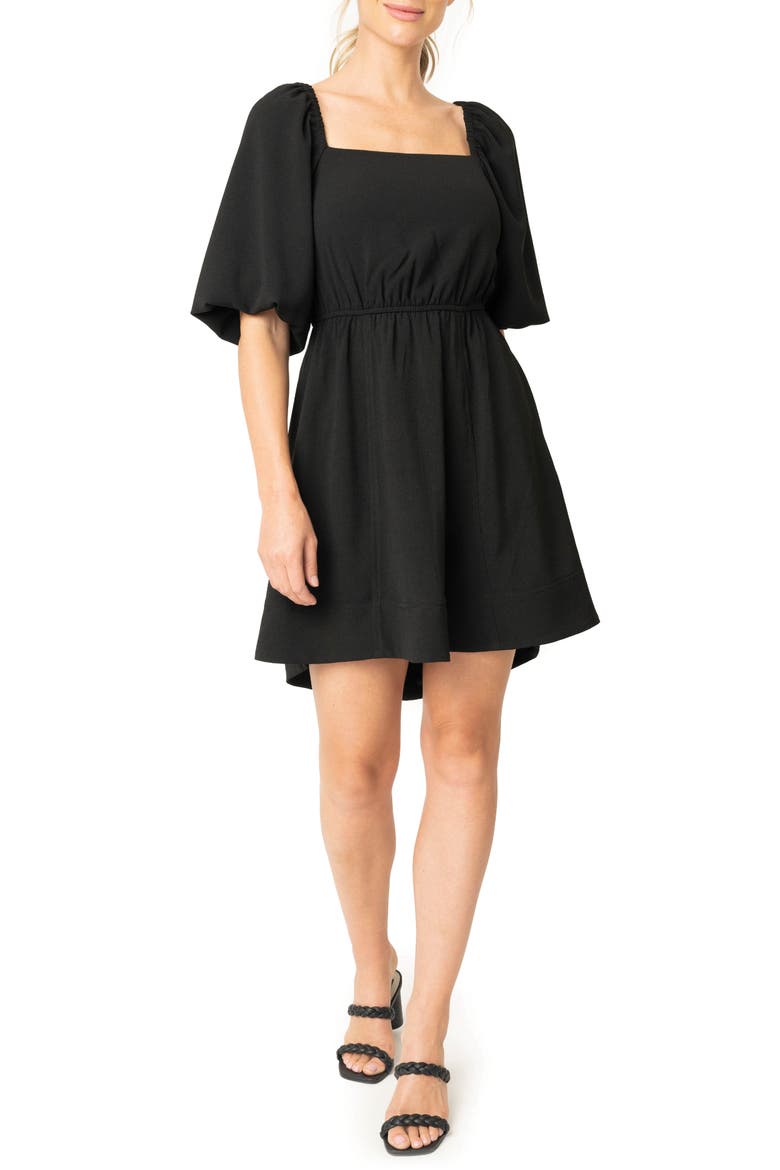 Puff Sleeve Crepe Fit & Flare Dress, Main, color, BLACK