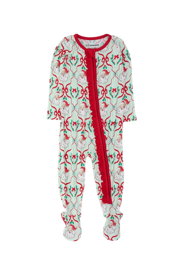 SoftSnooze Girls Holiday Ruffle One Piece Footie Pajamas, Main, color, Green Stripe Dear Santa
