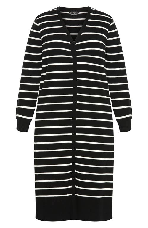 City Chic June Stripe Long Cardigan In Black