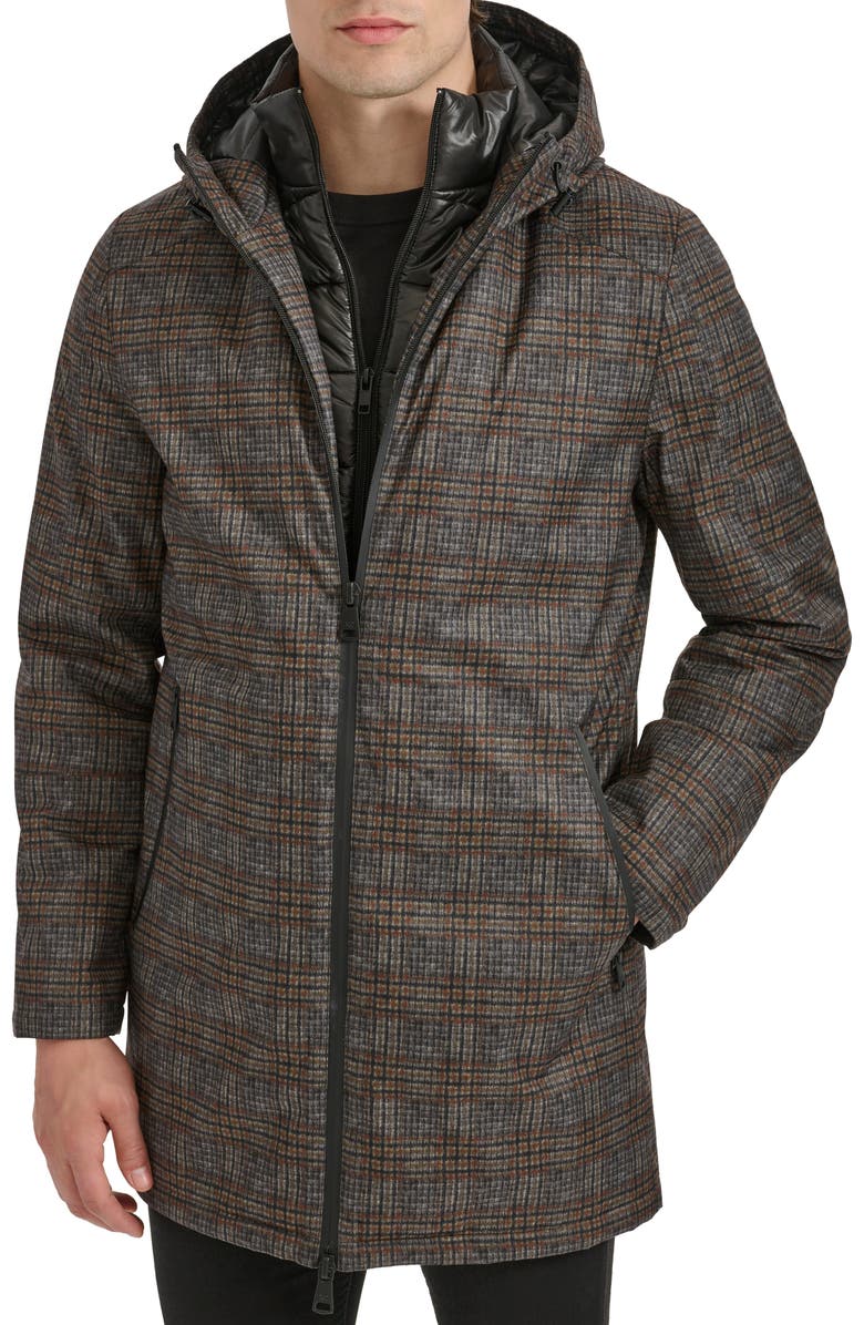 Kenneth Cole New York 925 Water Resistant Coat with Quilted Bib, Main, color, Grey Plaid