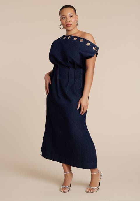 Grommet Detail Denim Dress (Plus)