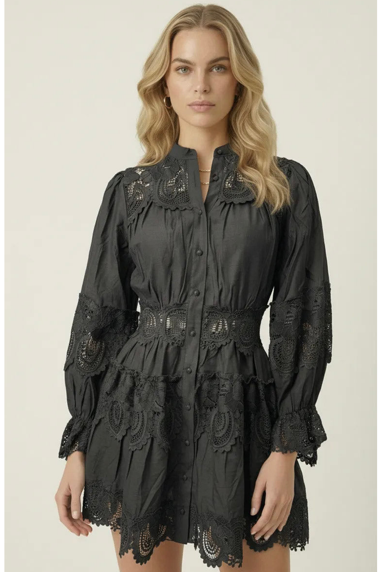 Lace Trim Button Front Mini Dress, Main, color, Charcoal Grey