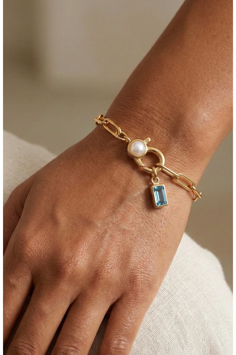 Paperclip Bracelet with Pearl Accent with Dainty Baguette Birthstone Charm, Alternate, color, September Sapphire