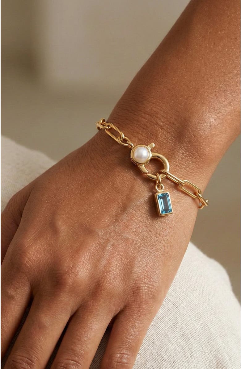 Mint & Lily Paperclip Bracelet with Pearl Accent with Dainty Baguette Birthstone Charm, Alternate, color, April Diamond
