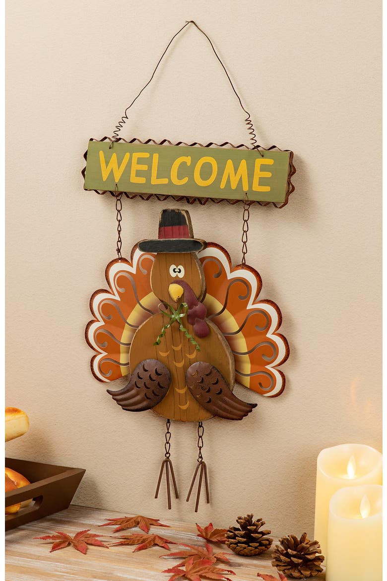 Iron Wooden Turkey Welcome Wall Decor, Alternate, color, Orange