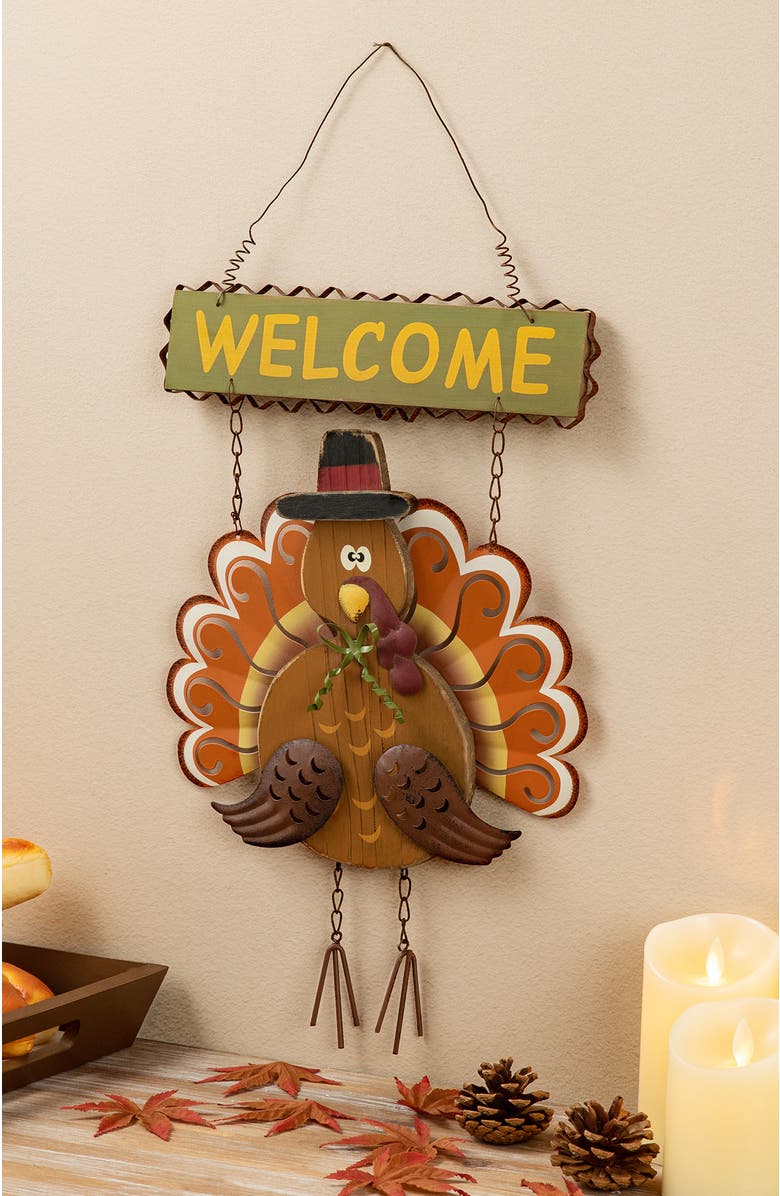 Glitzhome Iron Wooden Turkey Welcome Wall Decor, Alternate, color, Orange