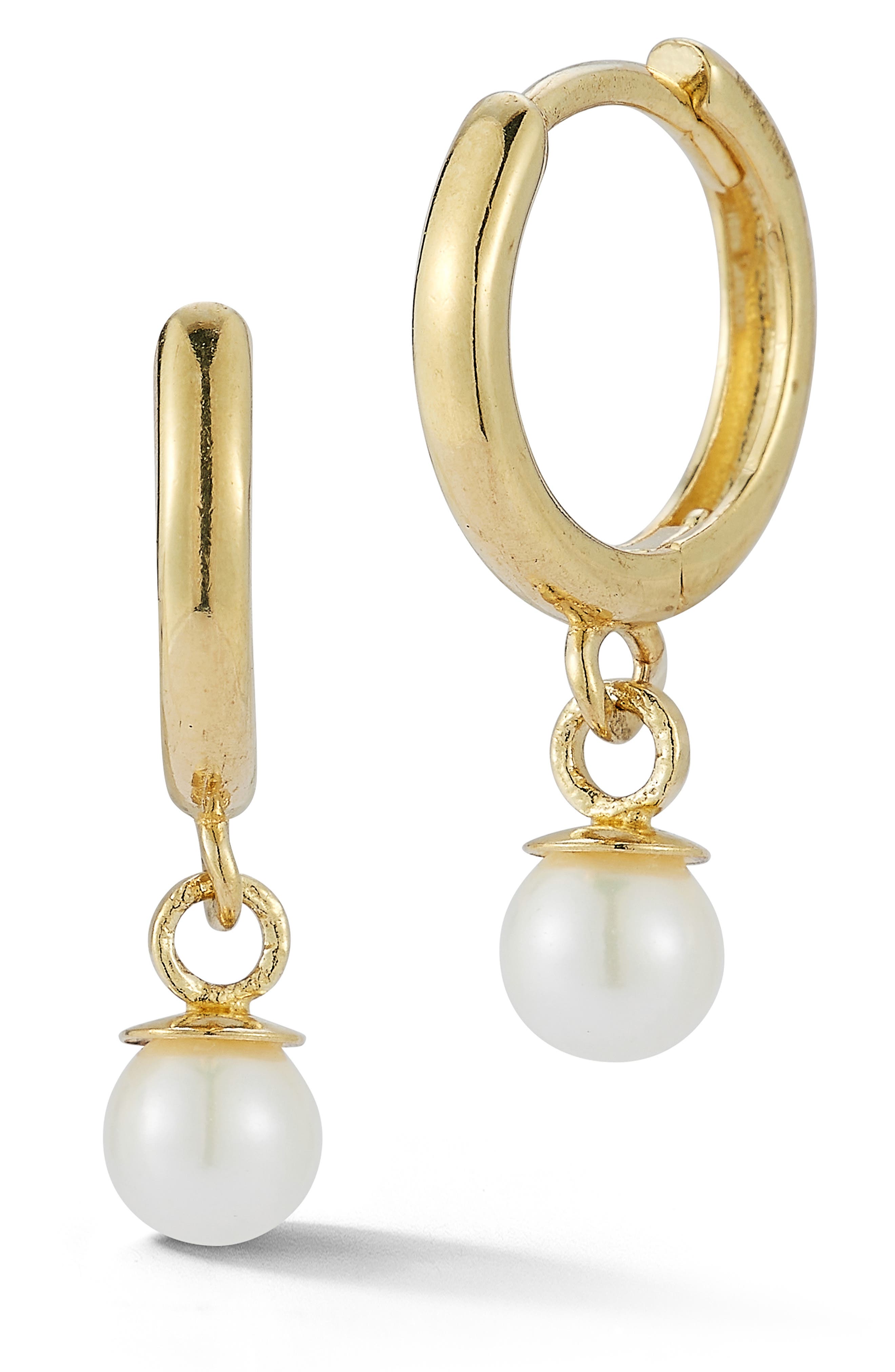 14K Gold Cultured Pearl Huggie Hoop Earrings