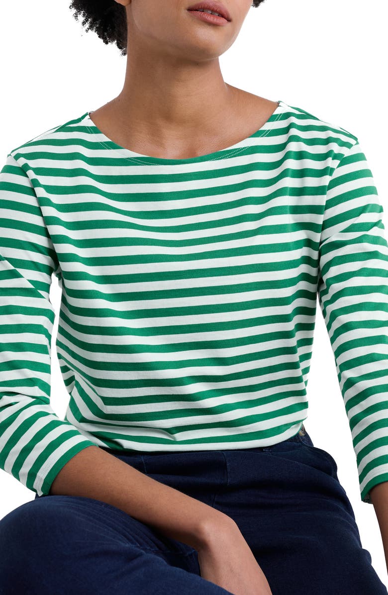 Seasalt Cornwall Sailor Stripe Three-Quarter Sleeve Organic Cotton Top, Main, color, Mini Cornish Glade Chalk