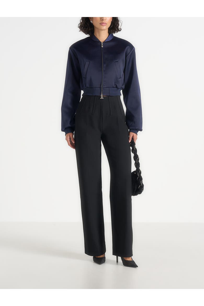 Monique Satin Wide Shoulder Bomber Jacket, Alternate, color, Navy