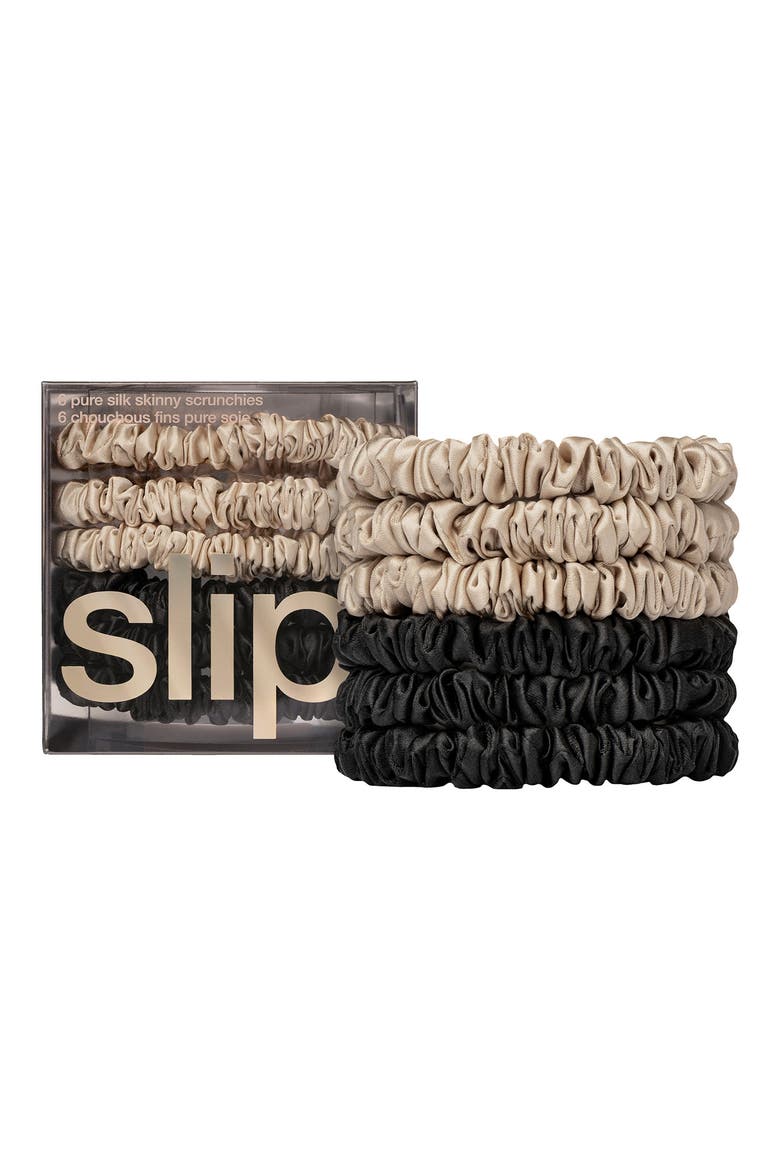 Pure Silk 6-Pack Skinny Scrunchies $51 Value, Main, color, BLACK